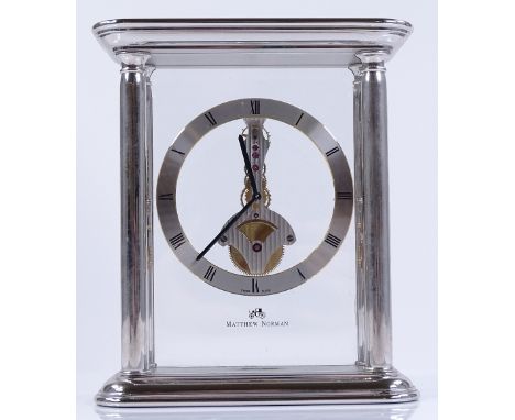 A modern Matthew Norman Helios 8-day skeleton mantel clock, in rhodium case, height 16cm, boxed