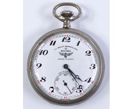 A Turkish open-face top-wind Golana railway design pocket watch, steel case with 15 ruby movement and subsidiary seconds dial