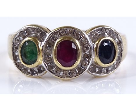 An 18ct gold emerald ruby sapphire and diamond cluster ring, setting height 8.2mm, size M, 4.3g