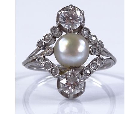 An Art Deco pearl and diamond dress ring, platinum settings, principle diamonds approx 0.33ct each, setting height 18.4mm, si