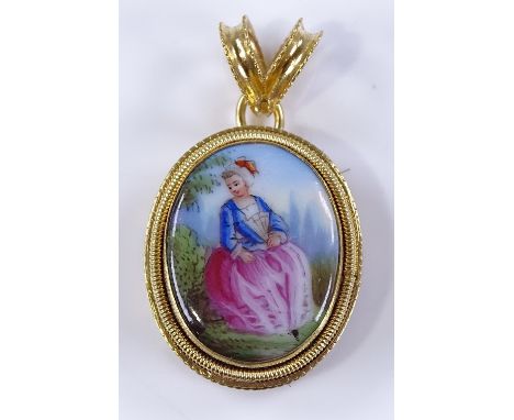 A Victorian painted ceramic mourning locket, gold plated frame with hair panel back, height excluding loop 26.1mm