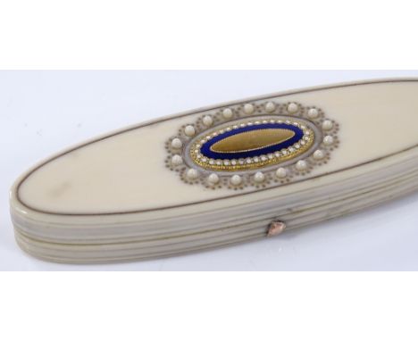 A Georgian ivory toothpick case, with gold enamel and seed pearl inlaid decoration, length 8cm 