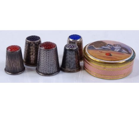 5 silver stone set thimbles, and a gilt metal and enamel box (A/F)