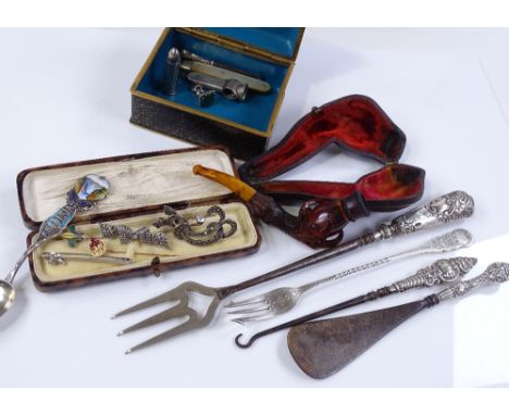 Various silver handled cutlery, stick pins, a cloisonne box etc