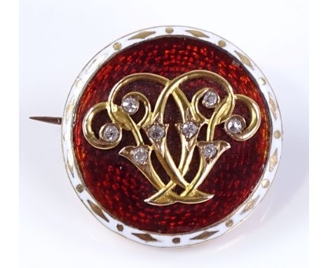 An Antique unmarked gold diamond and 2-colour enamel brooch, with crystal panel back, diameter 22.3mm