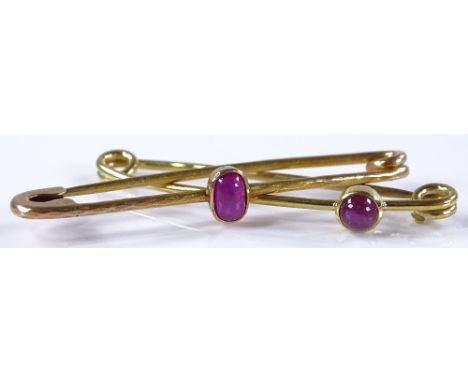2 cabochon ruby set bar brooches, 1 in 14ct setting, 6g total