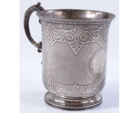 A Victorian silver half pint mug, with engine turned decoration and beaded edge, by Edward and John Barnard, hallmarks London