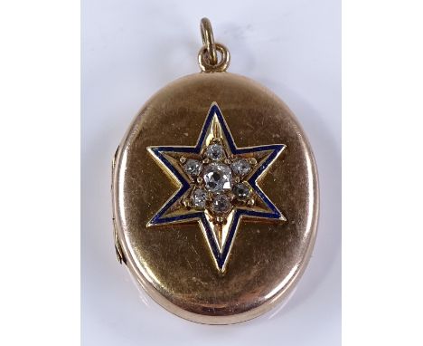 An Antique unmarked gold diamond and enamel photo locket, star design front set with old-cut diamonds, height excluding bale 