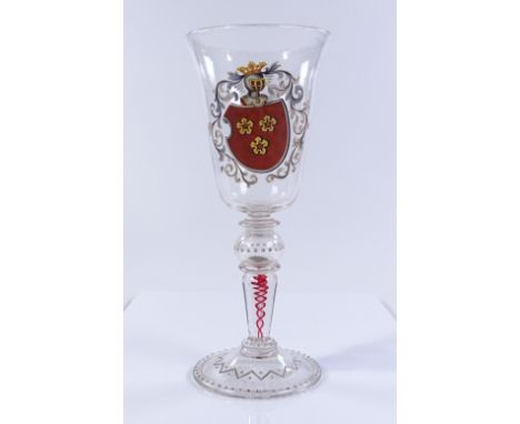 A 19th century ale glass, with painted enamel decoration and coloured twist stem, height 27cm