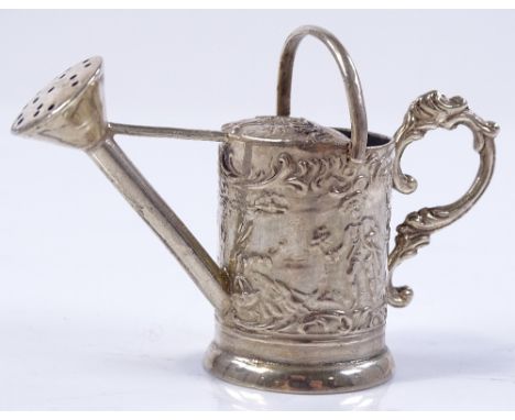 A German silver miniature watering cane, with embossed bird and lover scene, by K Kurz of Kesselstadt, Germany, import marks 