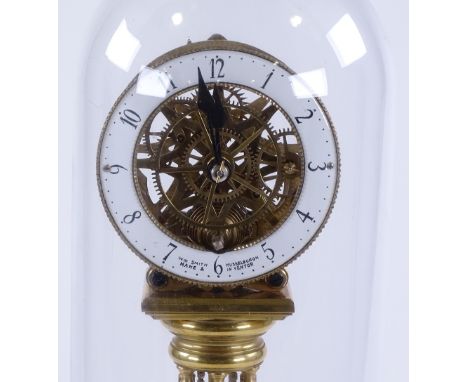 A reproduction Scottish brass skeleton clock, with column spring driven chain fusee movement, enamel dial signed William Smit