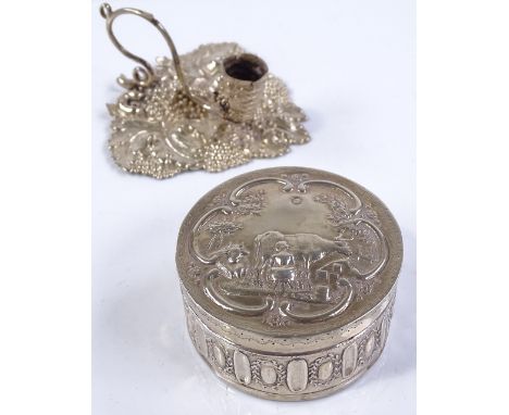 A small circular silver embossed boxed, import marks for B Muller &amp; Son, hallmarks London 1901, together with a small sil