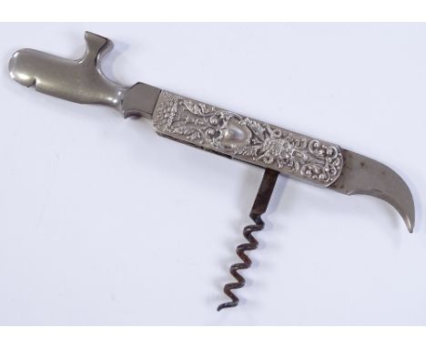 A sommelier's multi-function corkscrew, with relief cast sterling silver panels, length 15.5cm