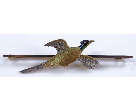 A 3-colour gold and enamel pheasant bar brooch, settings marked 18ct and 15ct, length 63.4mm, 5.7g