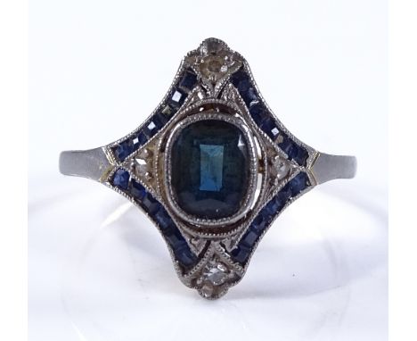 An Art Deco sapphire and diamond cluster panel ring, unmarked gold settings with square-cut sapphire border, setting height 1