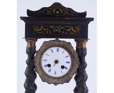 A 19th century French brass inlaid 4-pillar mantel clock, with 8-day movement