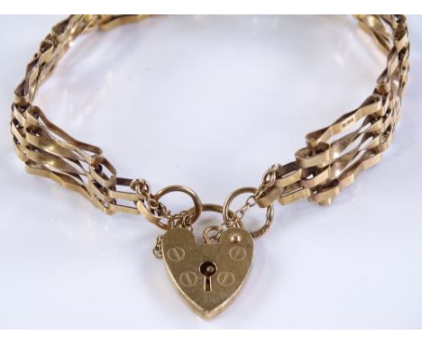 A 9ct gold gate link heart padlock bracelet, 9.1g