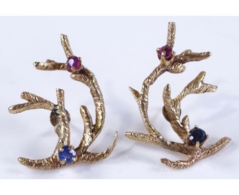 A pair of 1970s naturalistic ruby and sapphire branch earrings, unmarked settings, probably 14ct, length 31.6mm, 6.9g total