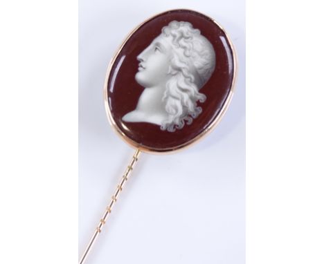 A Victorian 9ct gold and enamel panel stickpin, panel depicting Classical female portrait, overall height 90mm