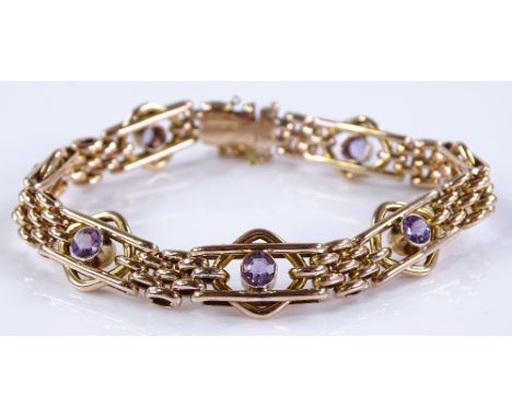 An unmarked gold amethyst set gate link bracelet, maker's marks B&amp;S Ltd, 15.59g