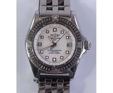 A lady's Breitling Chronometer 100M wristwatch, stainless steel case with mother-of-pearl dial and date aperture, reference n