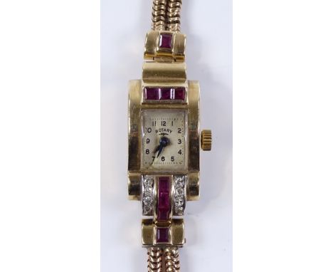 A lady's Art Deco Rotary cocktail wristwatch, unmarked gold case, set with square-cut rubies and old-cut diamonds, mechanical