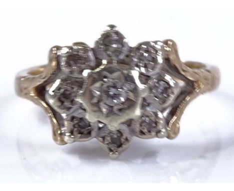 A 9ct gold diamond flowerhead cluster ring, setting height 11.1mm, size K, 3g