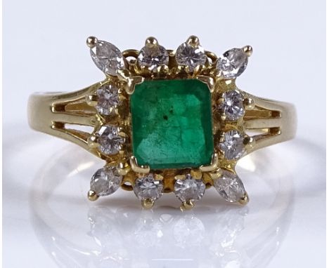 An 18ct gold square-cut emerald and diamond cluster ring, emerald approx. 0.85cts, setting width 12mm, size P.