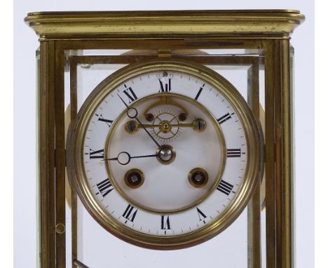 A French brass 4-glass regulator mantel clock, with enamel dial and 8-day movement, height 27cm
