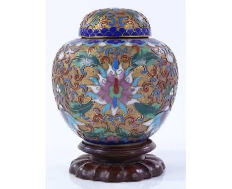 A Chinese gilt-metal and cloisonne enamel urn and cover on hardwood stand, overall height 12cm