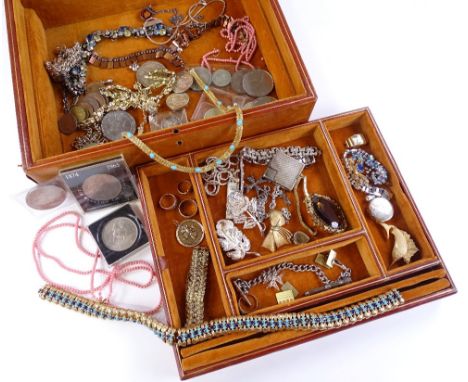 A large leather jewellery box containing a 9ct St Christopher, rings, a Mordan propelling pencil, a Dunhill lighter etc