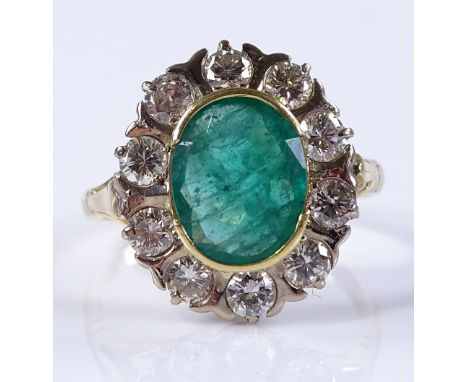 An 18ct gold emerald and diamond cluster ring, oval-cut emerald approx 1.43ct, setting height 16.3mm, size L, 5g