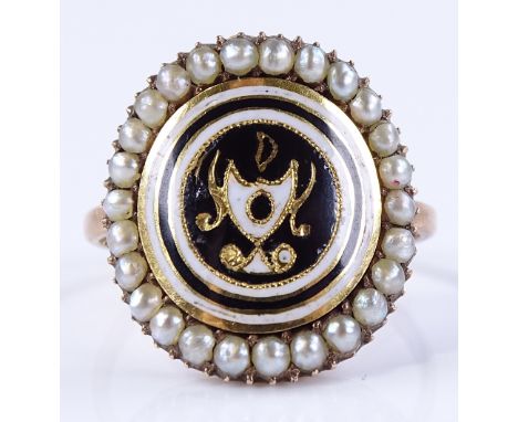 An unmarked gold pearl and enamel panel ring, panel height 19.7mm, size P, 3.6g