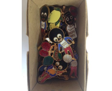 A small carton containing various enamel Robertson golly pin badges.