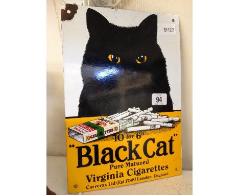 An enamel advertising sign: The Black Cat Pure Matured Virginia Cigarettes by Carreras Ltd.  Est. 1788, London, England.