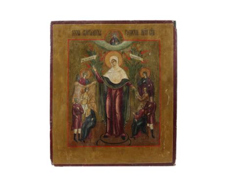 19th Cent. Russian icon || Negentiende eeuwse Russische icoon met Madonna omringd door heiligen  -  35 x 30 