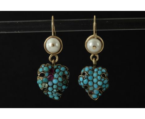 pair of vintage earrings in yellow gold (18 carat), each with a pearl and an antique leaf-shaped silver pendant with turquois
