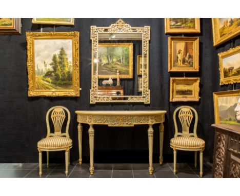 neoclassical set in polychromed wood : a console, mirror and a pair of chairs || Neoclassicistisch ensemble (4) in gepolychro