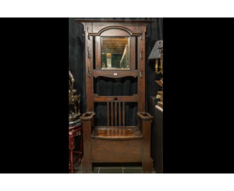 British Art Nouveau oak coat rack with chest and mirror || Engels Art Nouveau-halbankje in eik met koffer, spiegel en kapstok