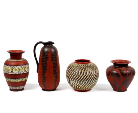 three fifties'/sixties' vases and a pitcher in marked ceramic of which some are signed || Lot (4) van drie vazen en een kruik