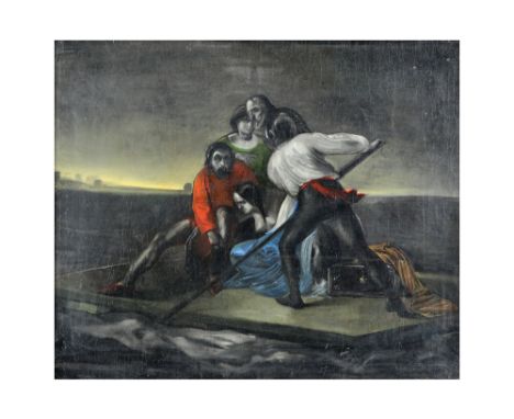 19th Cent. oil on canvas with a preliminary study/sketch of a composition with a raft and characters with typically grey face