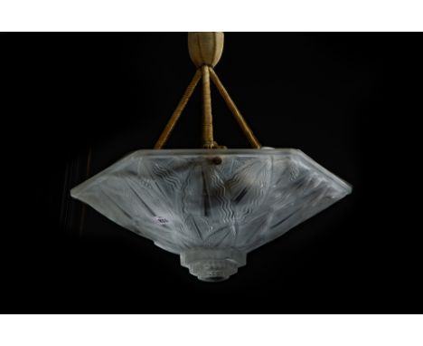 French "d'Avesn" signed chandelier with a bowl in glass with geometric decor || D'AVESN - FRANCE lustercoupe in kleurloos, ge