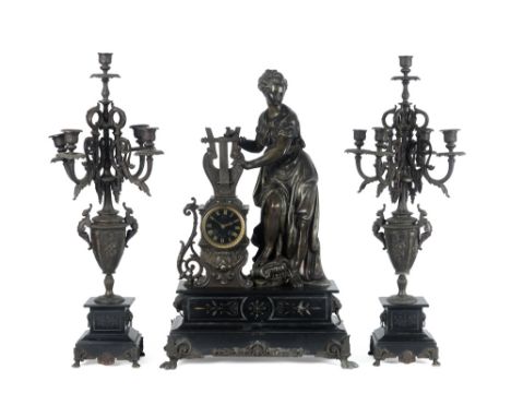 antique 3pc garniture in marble and metal with a pair of candelabra and a "Japy frêres" signed clock || Antieke driedelige sc