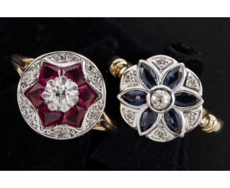 two eighties' vintage rings in yellow and white gold (18 carat), one with sapphire and one with ruby &amp; both with brillian