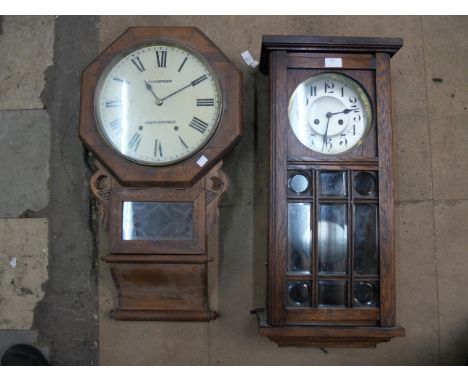 A Victorian drop dial wall clock inscribed Thompson, Chesterfieldwall clock  and a George V oak wall clock 