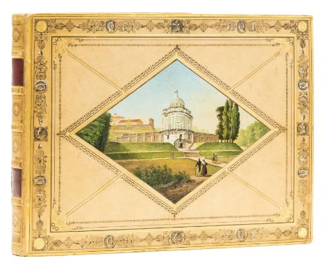 Painted binding.- Album, containing watercolour of classical shrine amongst the ruins of Pompeii and 2 other watercolours (ar