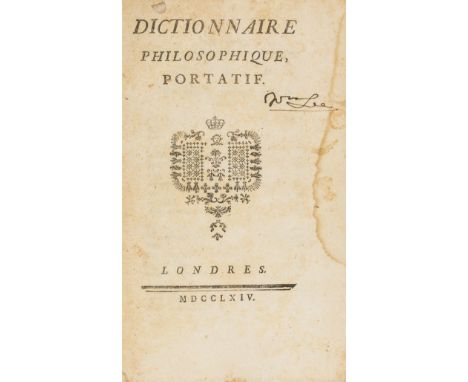 Voltaire (François Marie Arouet de) Dictionnaire philosophique portatif, title with woodcut ornament, woodcut head- and tail-