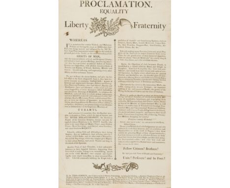 Broadside.- [Lee (Richard)] Proclamation. Equality Liberty Fraternity, broadside, double column, woodcut 'Tree of Liberty' pr