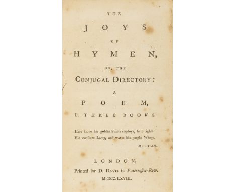 Erotica.- Joys of Hymen (The), or, the Conjugal Directory: A Poem, in Three Books, first edition, errata at end of Preface cr