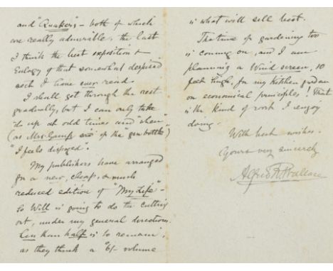 Wallace (Alfred Russel, naturalist, evolutionary theorist, and social critic, 1823-1913) 12 Autograph or Letters signed, Auto